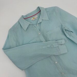 Boden Linen Button Down Shirt Light Aqua Blue Long Sleeve Pockets Women's US 4